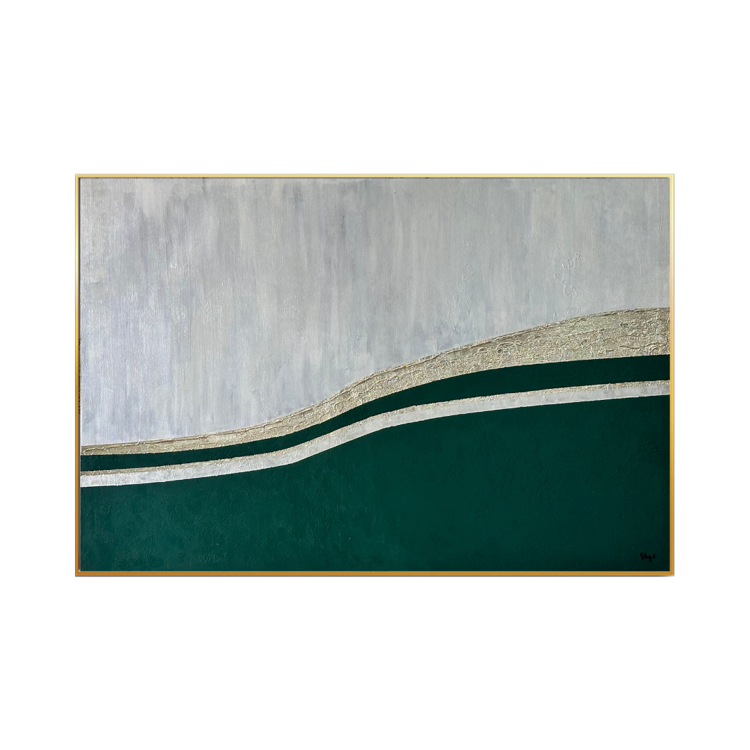 The Beneath the Sky 75x105 cm original hand-painted canvas wall art panel by Skye depicting an authentic textured landscape layout with a deep green base, an atmospheric light grey sky, and a curving gold paint horizon line for luxury living room decor.