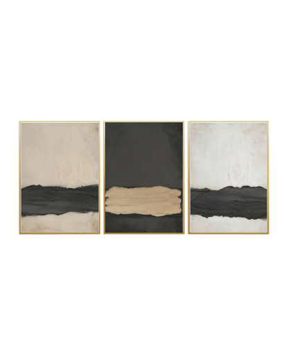 An abstract 3-panel triptych canvas wall art print set depicting minimalist color block horizons in matte black, charcoal grey, beige, and soft cream for modern rustic home decor.