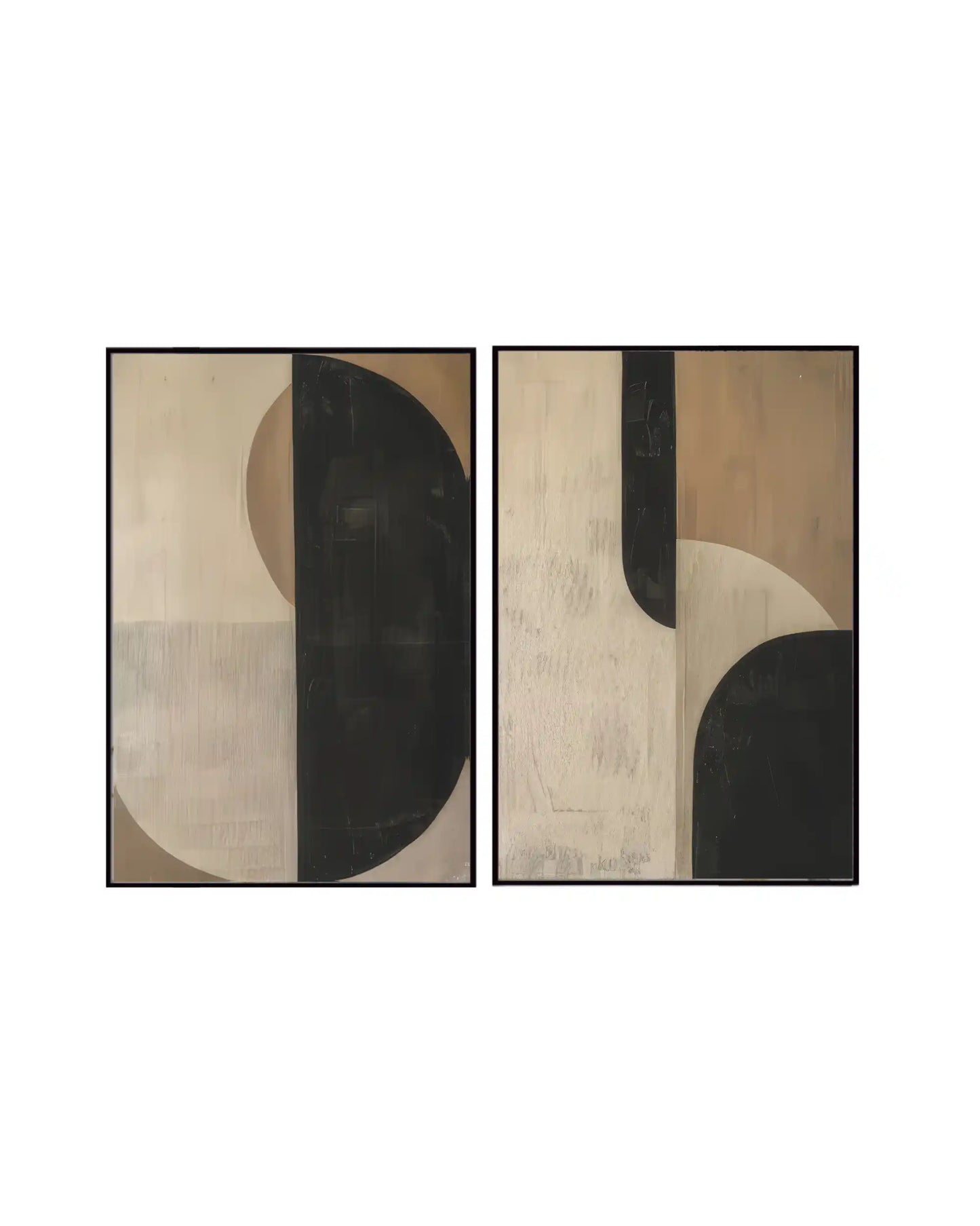 An abstract 2-panel diptych canvas wall art print set featuring bold black and beige geometric semi-circles with textured minimalist blocks for modern home decor.