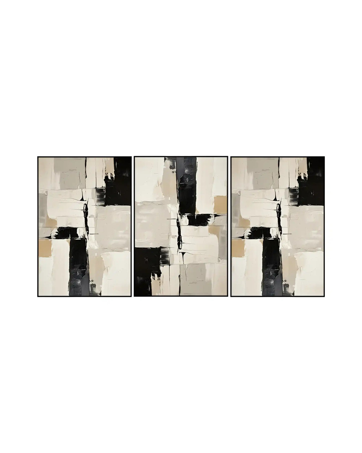 An abstract geometric 3-panel triptych canvas wall art print set featuring bold interlocking blocks of black, cream, beige, and slate grey in a palette knife texture layout.