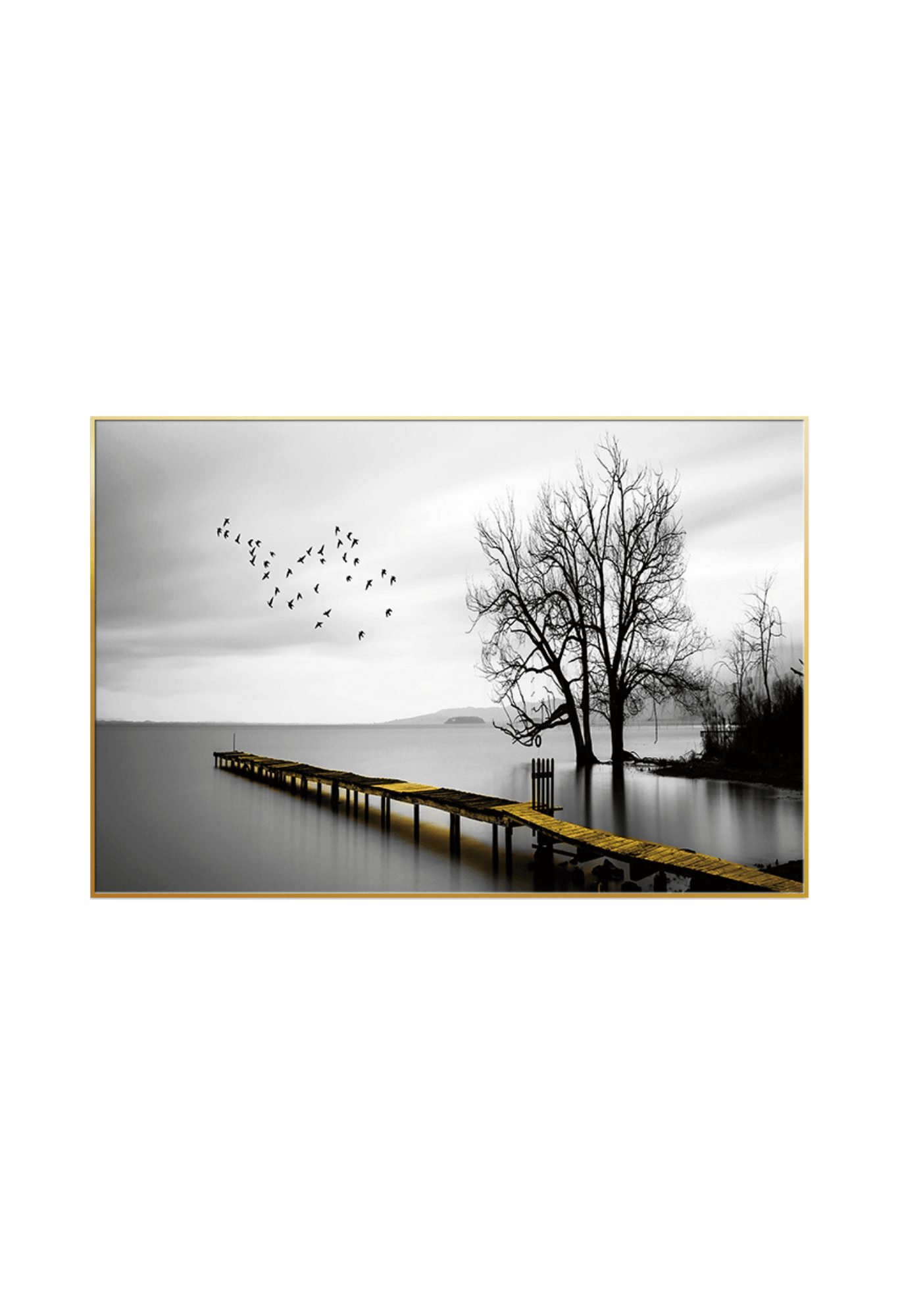 An 80x120 cm black and white landscape canvas print wall art panel depicting a minimalist lake view with a wooden pier, a barren tree, and flying birds for modern living room decor.