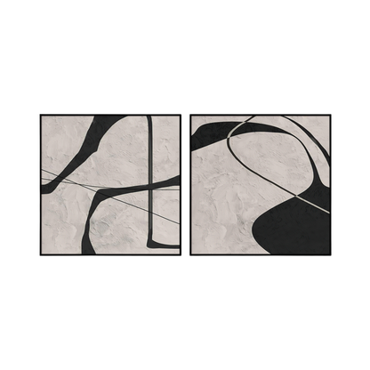 Two 80x80 cm black and beige abstract canvas print wall art panels depicting minimalist fluid lines, geometric curves, and black shapes for modern Japandi living room decor.