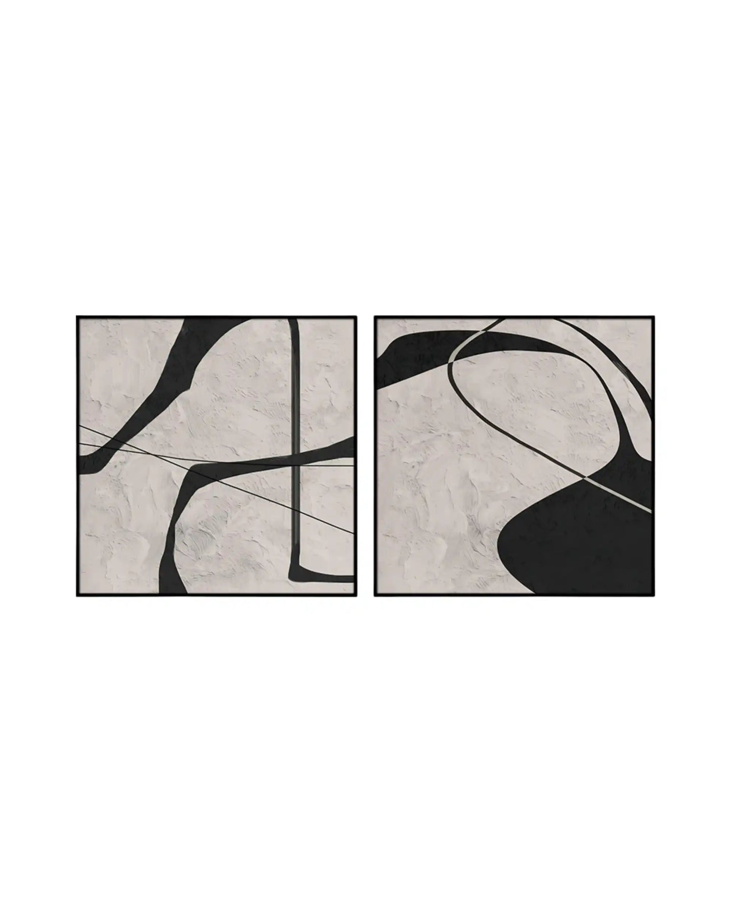 Two-piece diptych canvas prints featuring bold black fluid lines over a textured beige plaster-effect background.