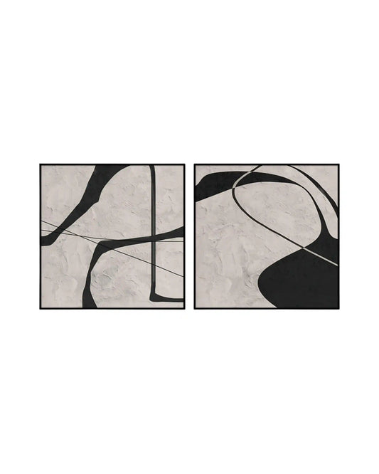 Two-piece diptych canvas prints featuring bold black fluid lines over a textured beige plaster-effect background.