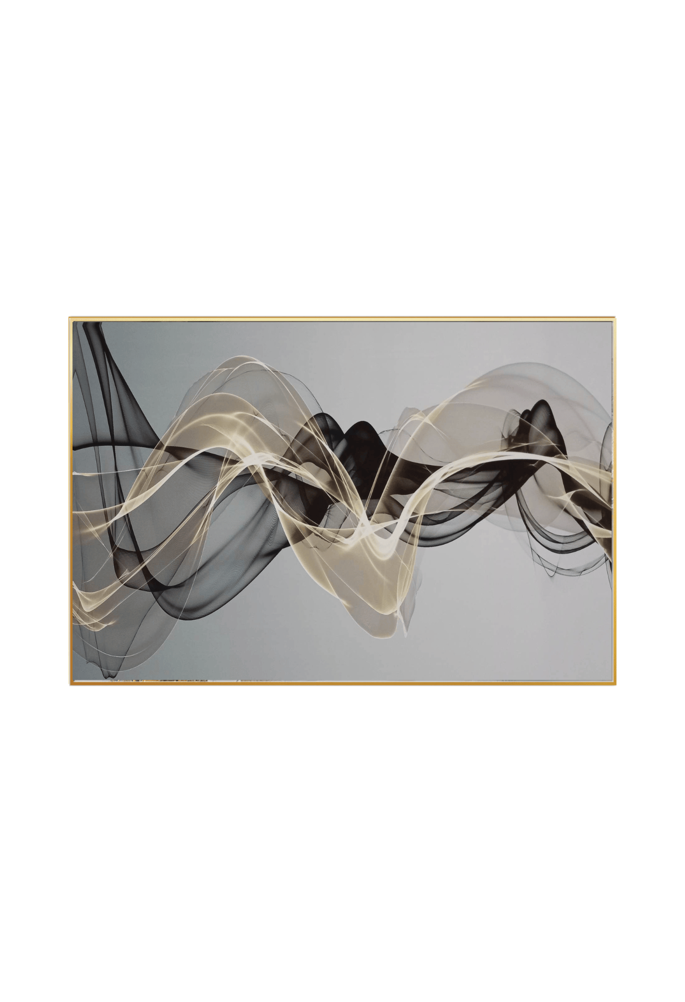 An 80x120 cm black and beige abstract canvas print wall art panel depicting minimalist translucent mesh ribbon loops and fluid curves over a grey gradient background for modern living room decor.