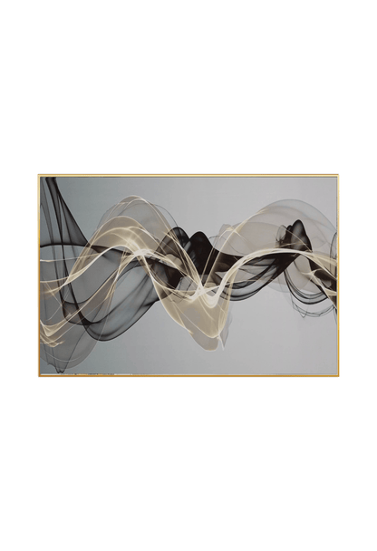 An 80x120 cm black and beige abstract canvas print wall art panel depicting minimalist translucent mesh ribbon loops and fluid curves over a grey gradient background for modern living room decor.
