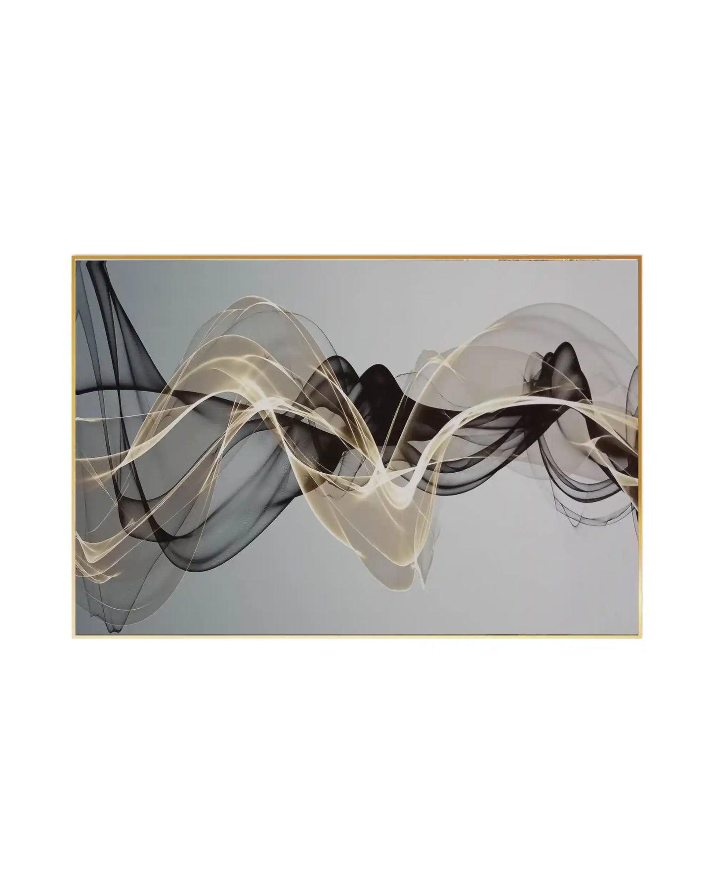 Abstract canvas print featuring fluid, smoky ribbons of translucent black, charcoal grey, and gold-colored ribbons undulating horizontally across a smooth grey gradient background, suitable for vertical or horizontal hanging.