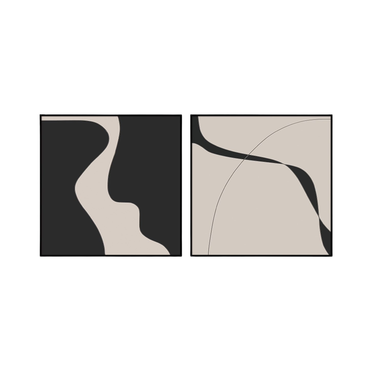 Two 80x80 cm black and beige abstract canvas print wall art panels depicting minimalist fluid curves, an organic river motif, and a fine geometric arch line for modern living room decor.