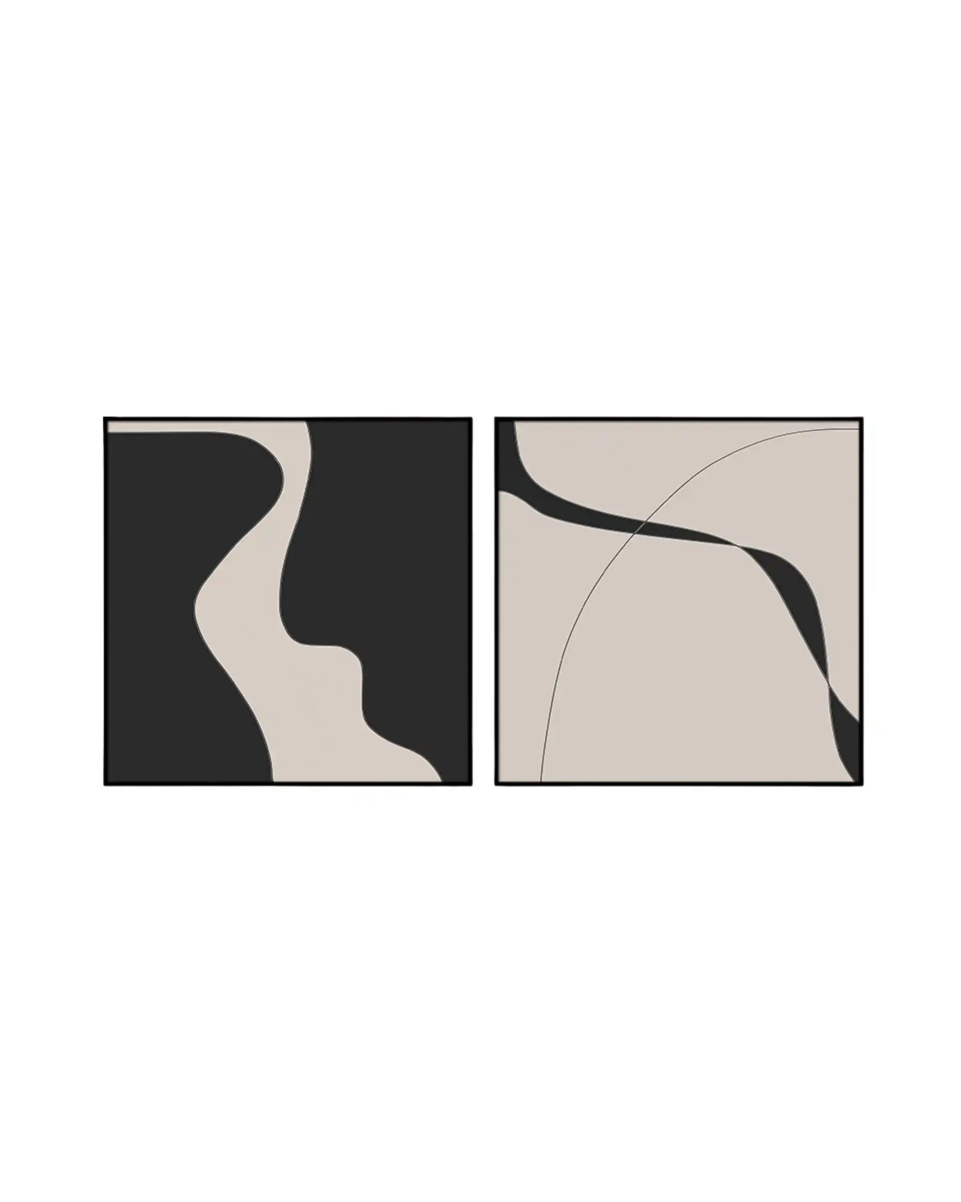 Two-piece diptych canvas prints featuring minimalist black and beige fluid color blocks with a single fine line.