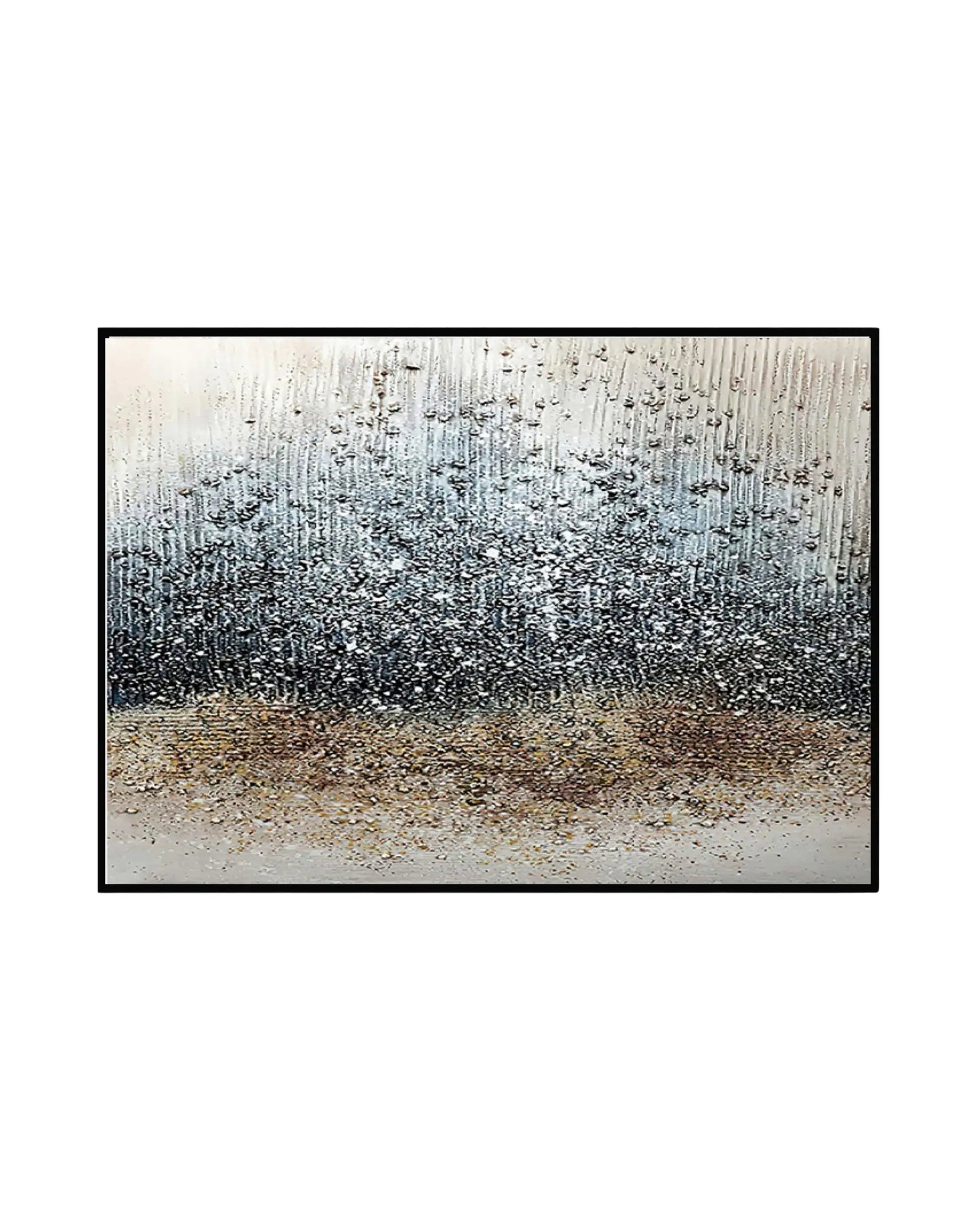 Horizontal canvas print featuring an abstract design with a printed textured rain effect of silver-colored droplets, layered over a dark grey center field and a warm ochre beige lower background.