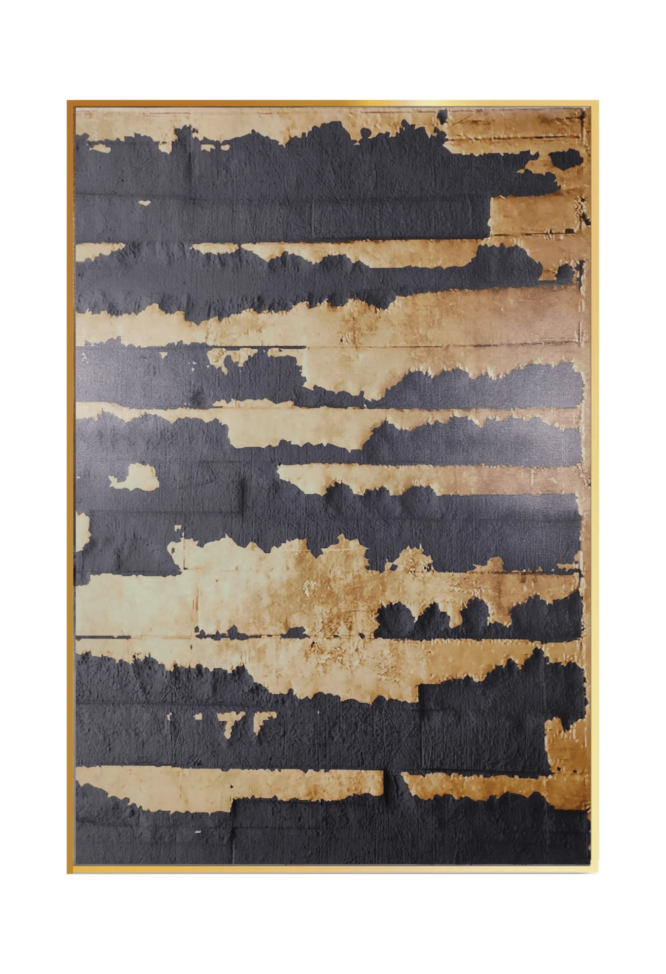 An 80x120 cm black and gold abstract canvas print wall art panel depicting a minimalist printed design of horizontal jagged charcoal blocks and distressed ochre yellow bands for modern living room decor.