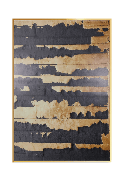 An 80x120 cm black and gold abstract canvas print wall art panel depicting a minimalist printed design of horizontal jagged charcoal blocks and distressed ochre yellow bands for modern living room decor.