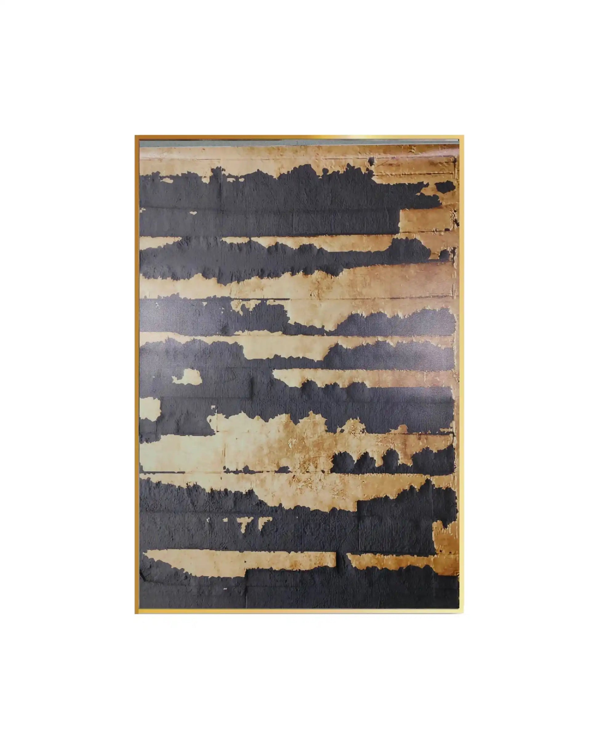 Canvas print featuring a textured abstract design with horizontal rows of distressed, ragged black paint blocks layered over a weathered beige and gold-colored background.