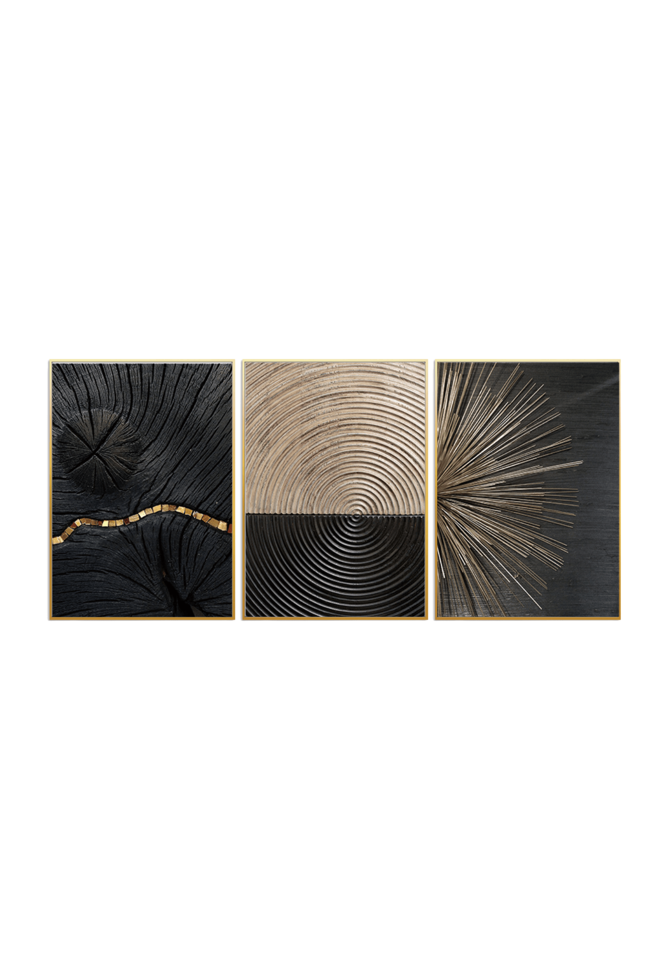 Three 50x70 cm black gold and beige abstract canvas print wall art panels depicting minimalist concentric circles, radial starburst lines, and a golden geometric wave path for modern living room decor.