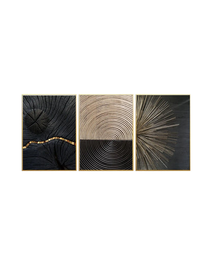 Modern minimalist abstract triptych canvas prints featuring heavy textured tree rings, a split concentric ripple circle pattern, and a metallic starburst design in black, beige, and bronze gold.