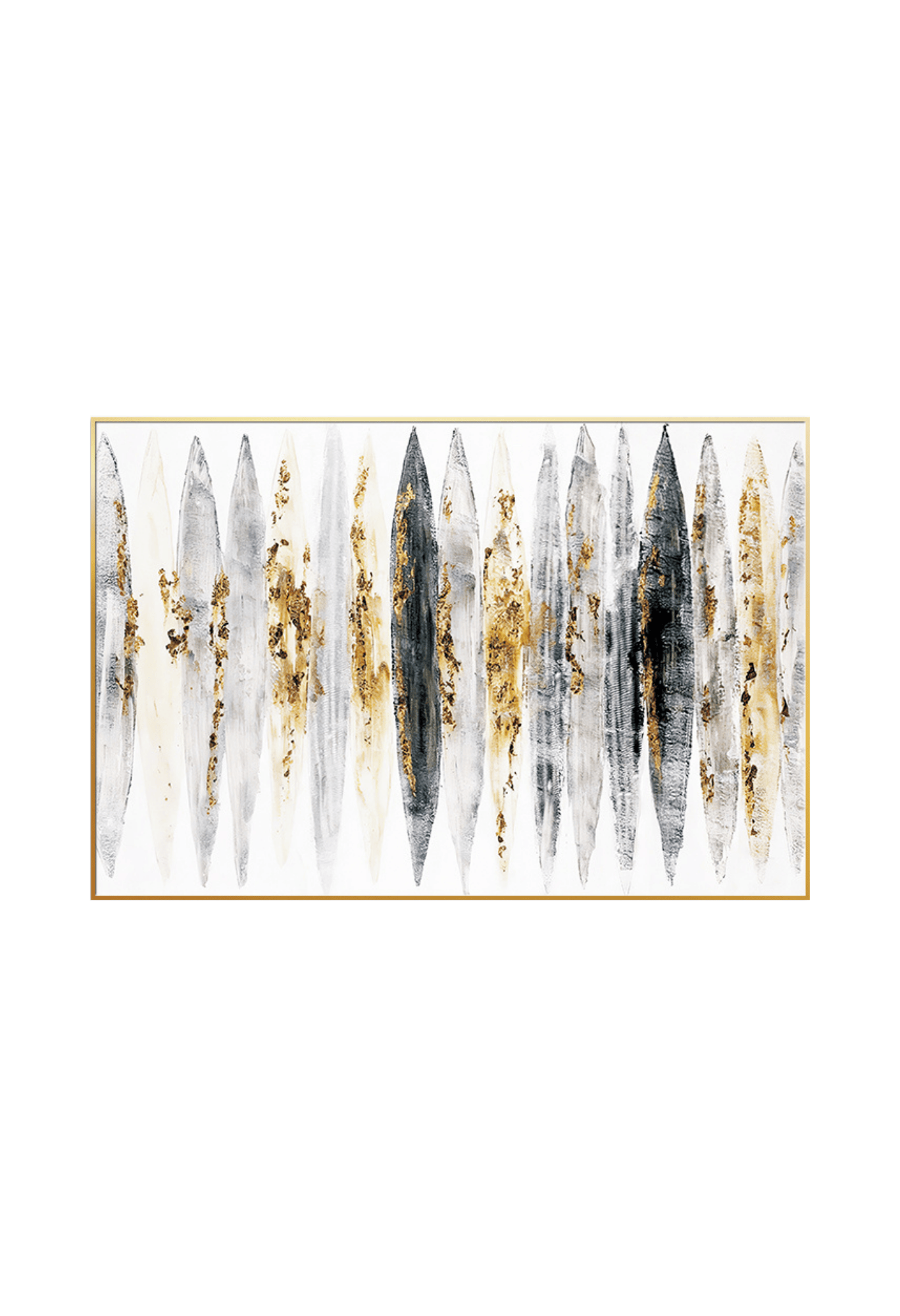 An 80x120 cm black gold and grey abstract canvas print wall art panel depicting a minimalist pattern of vertical pointed leaf shapes, textured grey bands, and flat yellow gold highlights for modern living room decor.