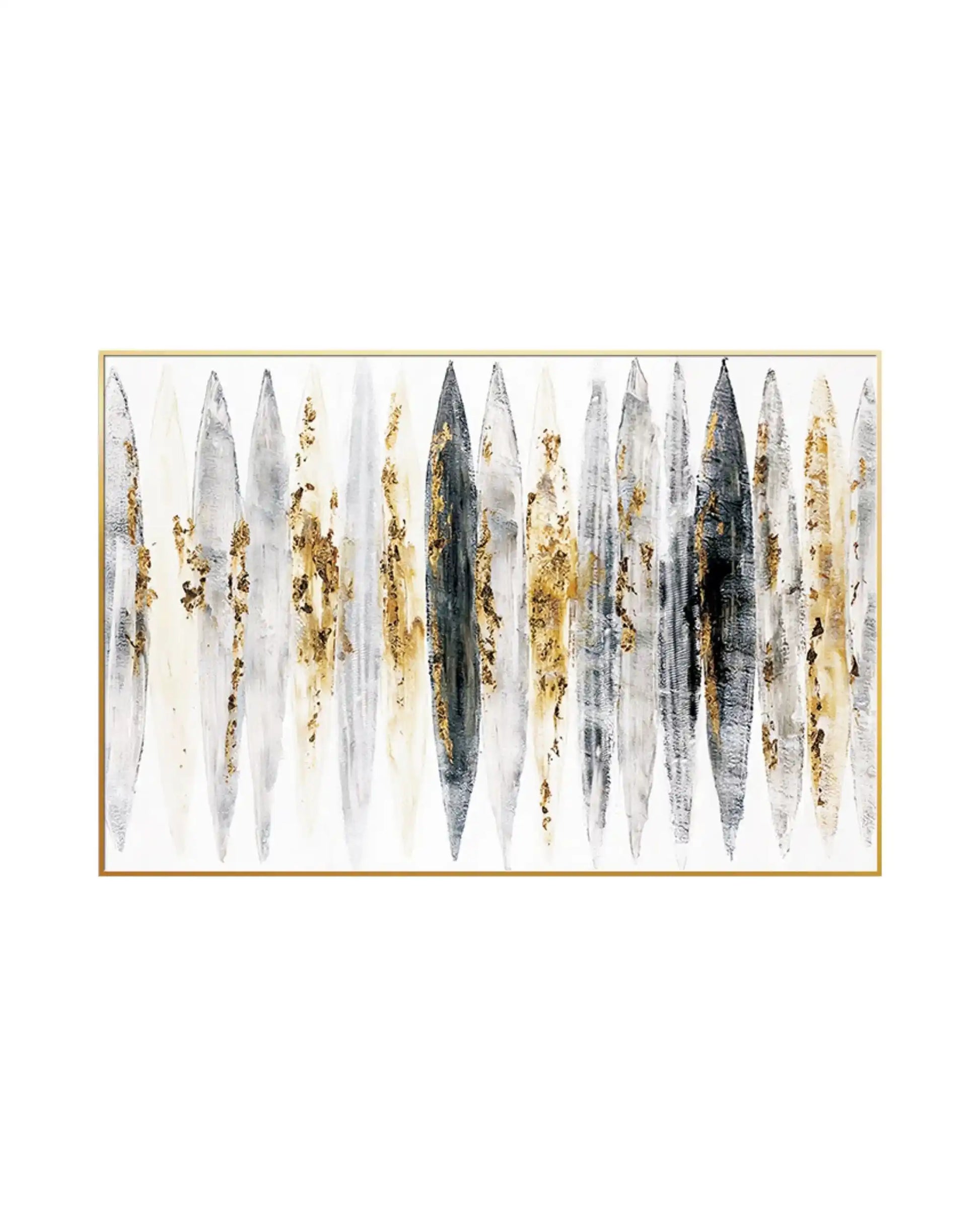 Abstract canvas print featuring a repeating row of vertical, pointed oval shapes in shades of charcoal grey, silver, and cream, layered with textured gold-colored speckles over a clean white background, suitable for vertical or horizontal hanging.
