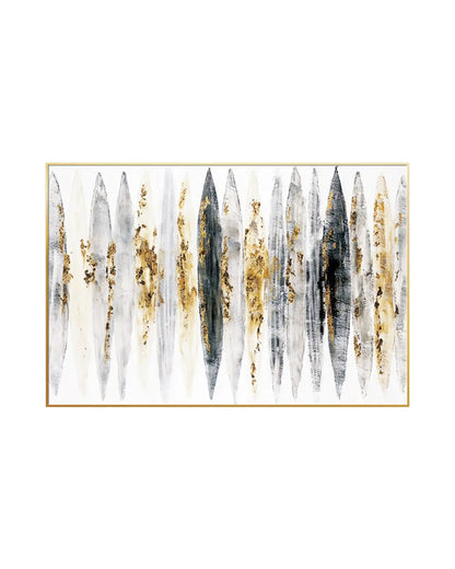 Abstract canvas print featuring a repeating row of vertical, pointed oval shapes in shades of charcoal grey, silver, and cream, layered with textured gold-colored speckles over a clean white background, suitable for vertical or horizontal hanging.
