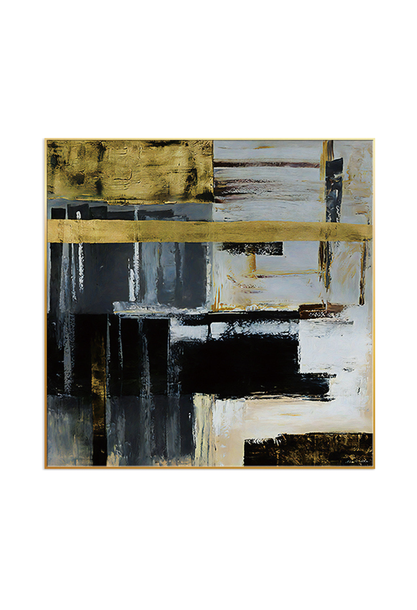An 80x80 cm black gold and grey abstract canvas print wall art panel depicting a minimalist printed design of intersecting black and grey color blocks with a central flat yellow gold horizontal stripe for modern living room decor.