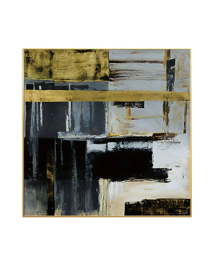 Large square geometric abstract canvas art with black and white color blocks, textured gray patches, and metallic gold bands in a gold frame.