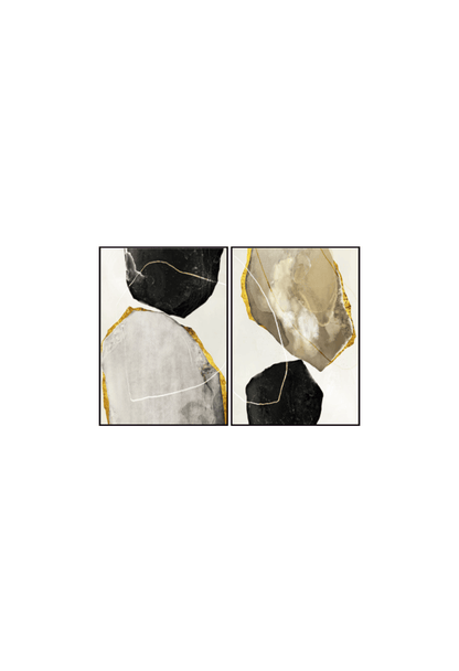 Two black gold and grey abstract canvas print wall art panels depicting minimalist stacked balancing agate stones, white marble veins, and metallic gold edges for modern living room decor.