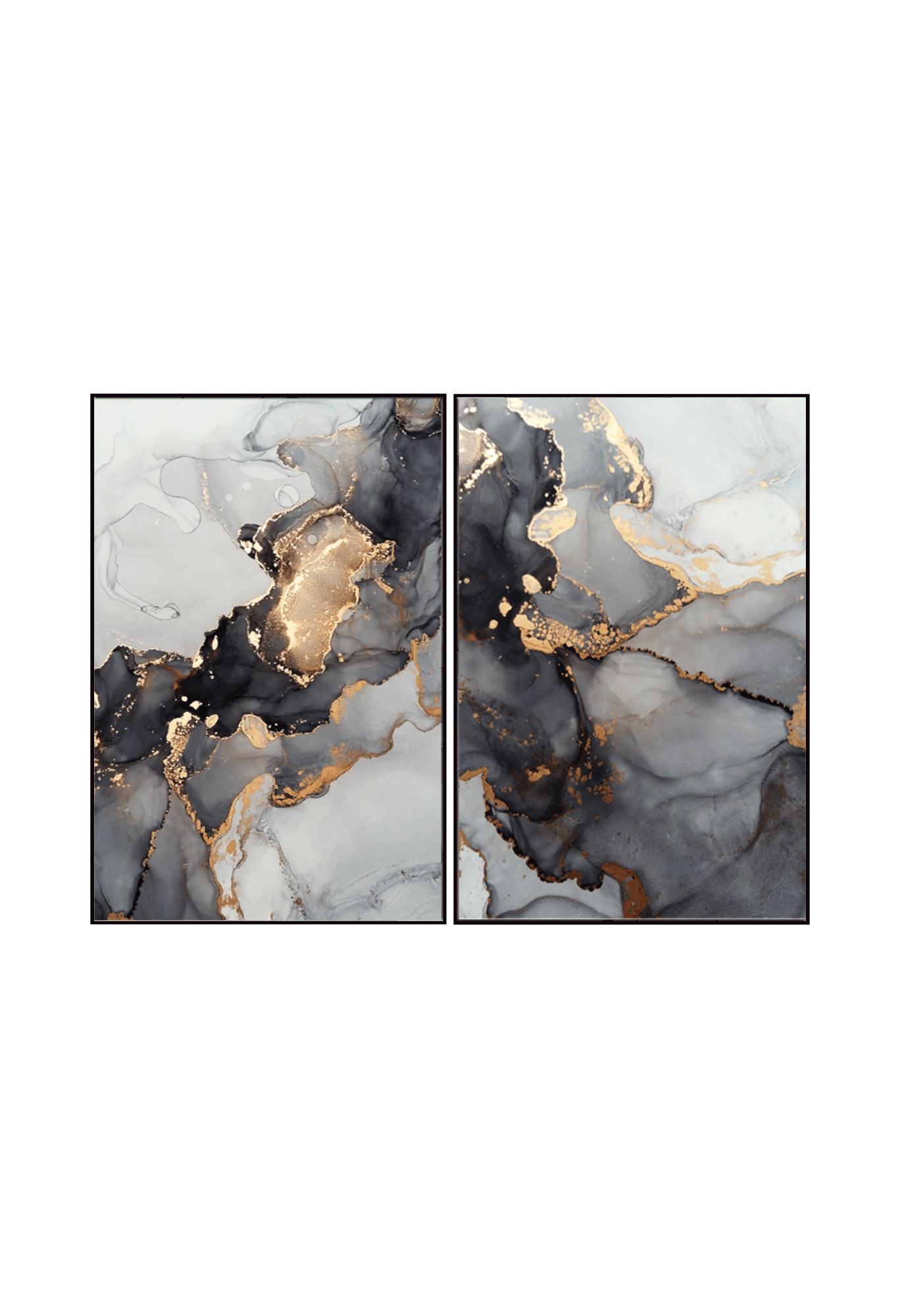 Two black gold and grey abstract canvas print wall art panels depicting minimalist fluid alcohol ink swirls, marble veins, and gold lines for modern living room decor.