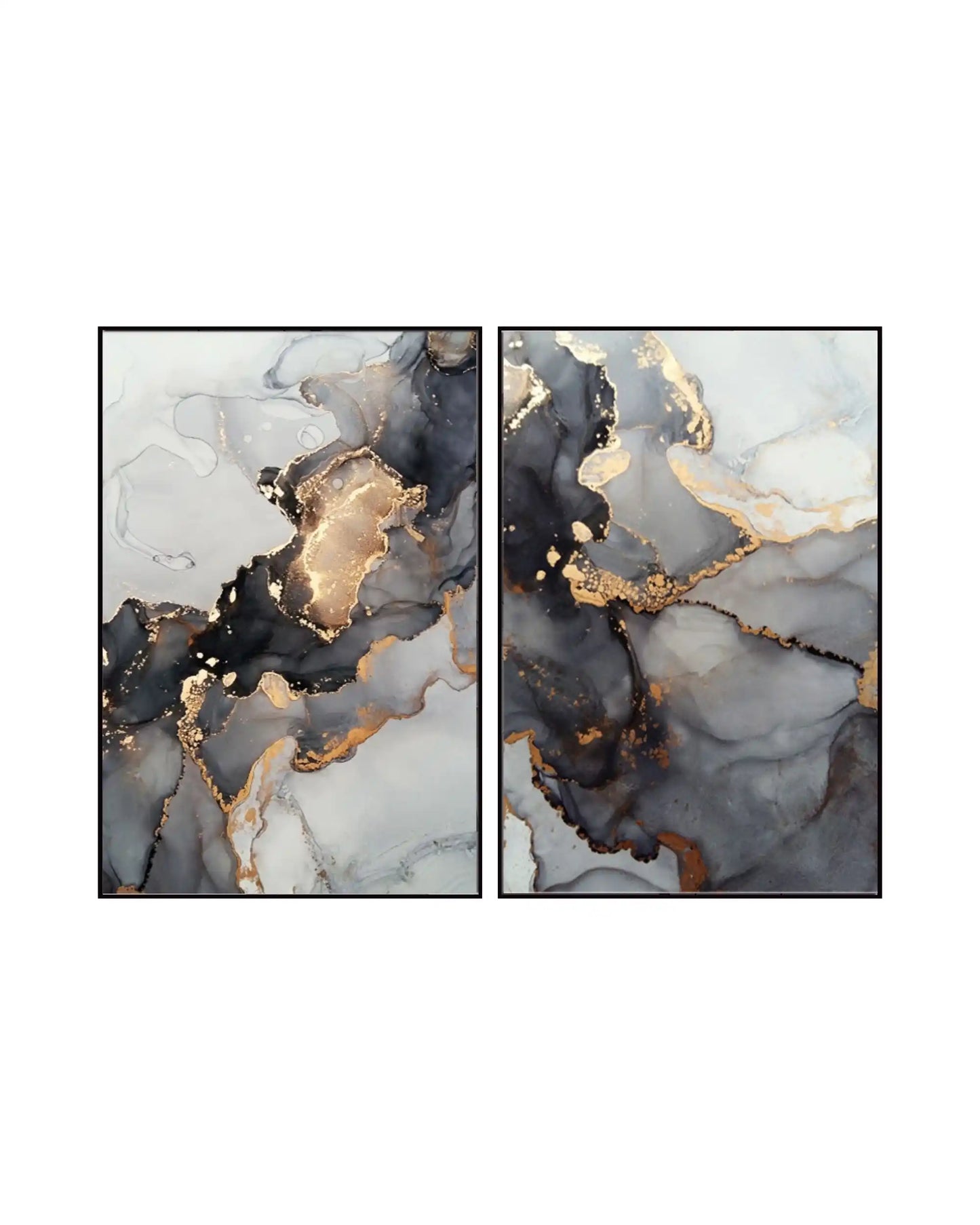 An abstract diptych art print featuring a fluid, smoky blend of translucent charcoal gray, deep black, and soft white ink. The two panels show organic, swirling gradients heavily accented by shimmering, textured trails of metallic gold and bronze that mimic natural geode or marble veins.