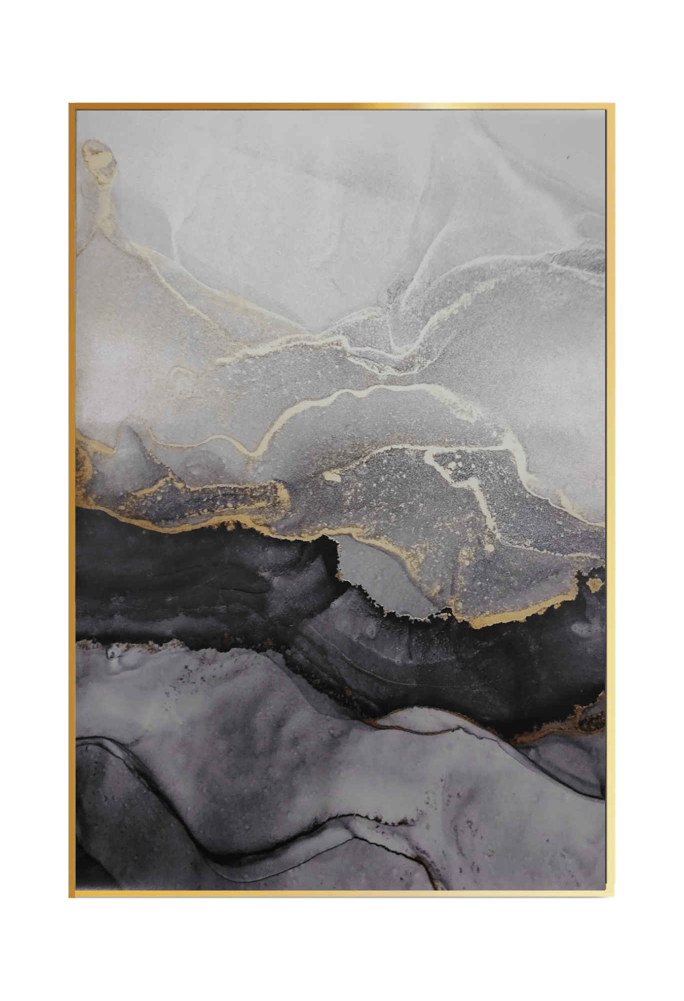 An 80x120 cm black gold and grey abstract canvas print wall art panel depicting a minimalist printed design of fluid marble ink swirls, grey translucent layers, and fine golden yellow vein lines for modern living room decor.