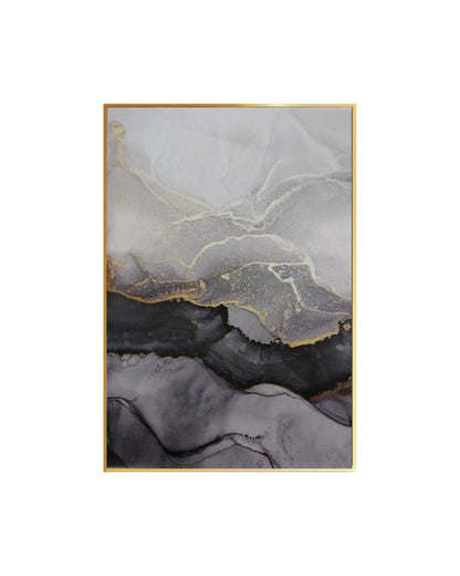 Canvas print featuring an abstract alcohol ink design with fluid, translucent waves of charcoal black, smoky grey, and soft lavender, accented by fine gold-colored veining and layered textures.