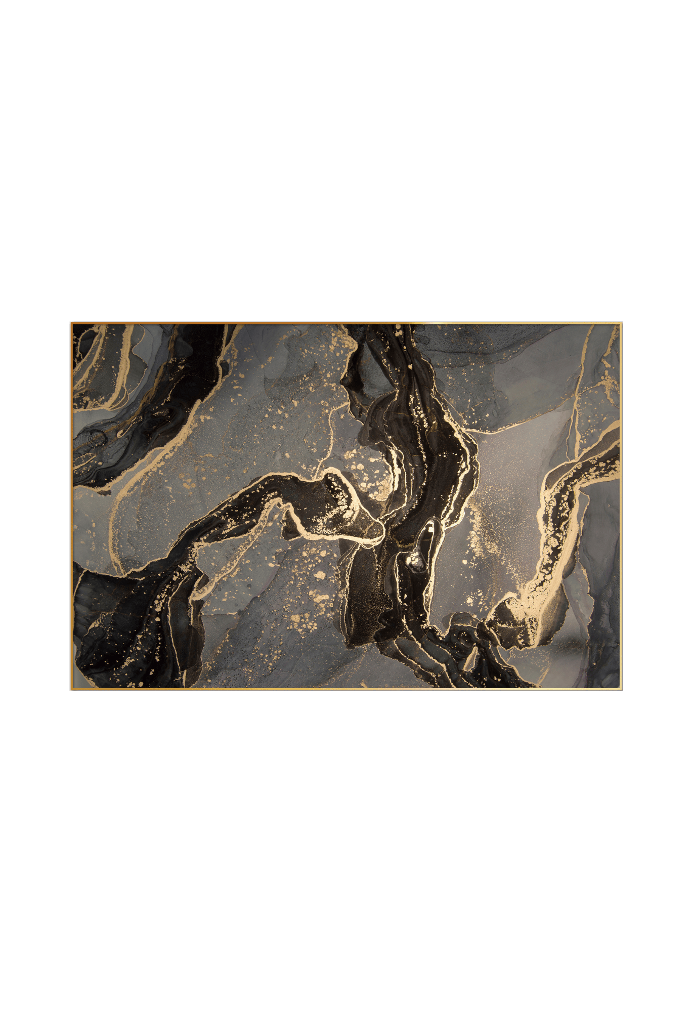 An 80x120 cm black gold and grey abstract canvas print wall art panel depicting minimalist fluid ink swirls, marble vein patterns, and flat yellow gold accent paths for modern living room decor.