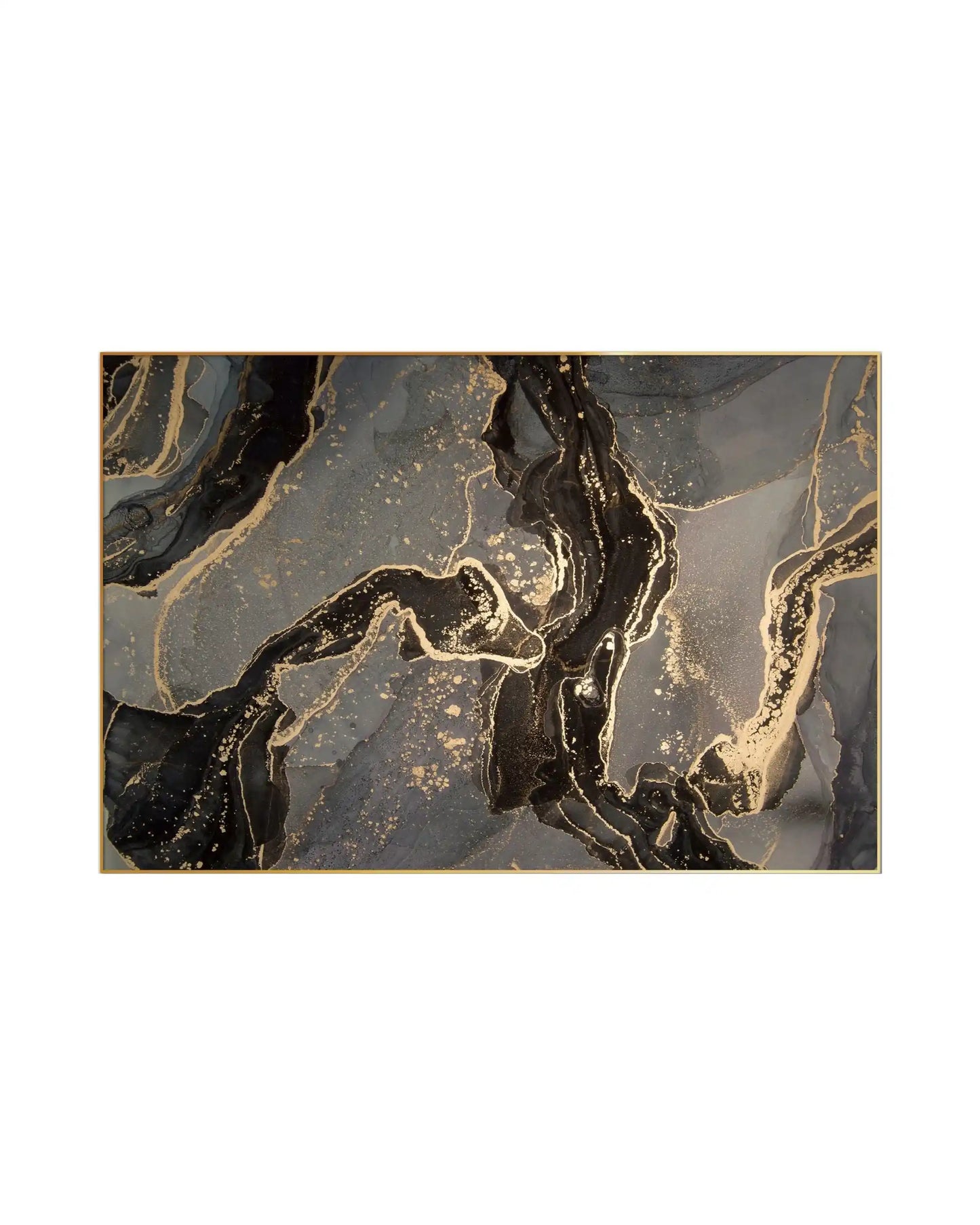Horizontal canvas print featuring an abstract alcohol ink design with fluid swirls of black, charcoal grey, and gold-colored veining.