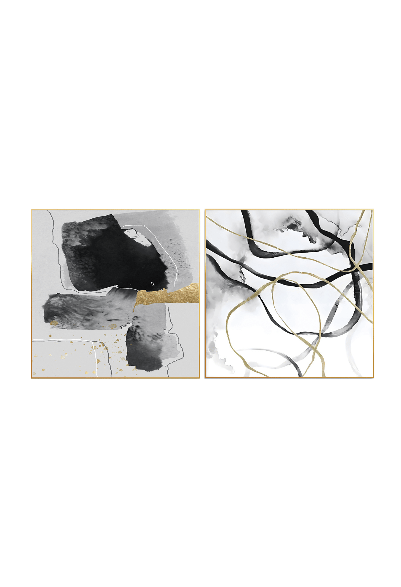 Two 80x80 cm black gold and grey abstract canvas print wall art panels depicting minimalist geometric blocks, fluid squiggly lines, and metallic gold elements for modern living room decor.