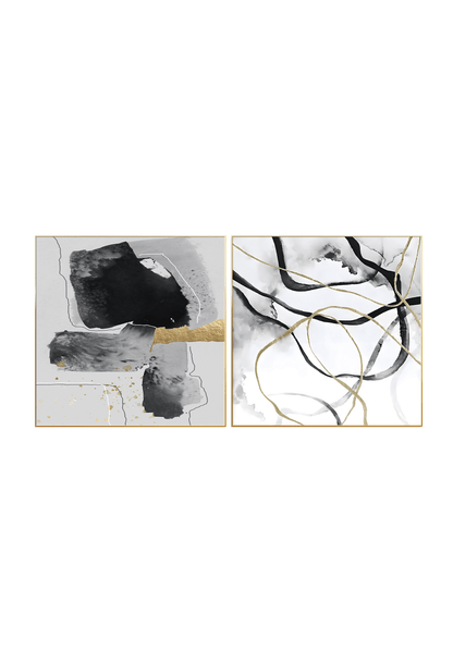 Two 80x80 cm black gold and grey abstract canvas print wall art panels depicting minimalist geometric blocks, fluid squiggly lines, and metallic gold elements for modern living room decor.
