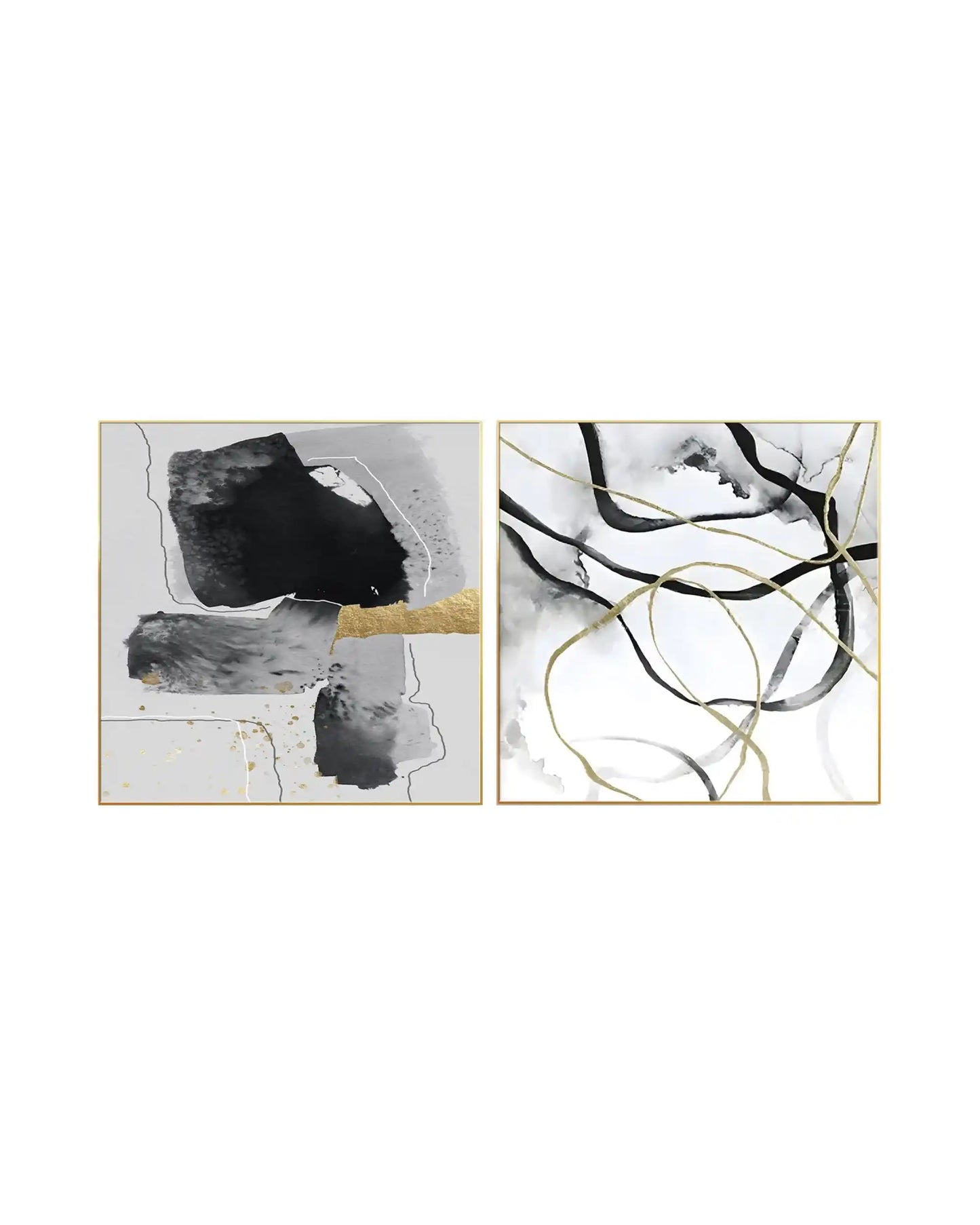 Modern minimalist abstract diptych wall art featuring bold black watercolor blocks and fluid ink lines with shimmering metallic gold foil accents in gold frames.