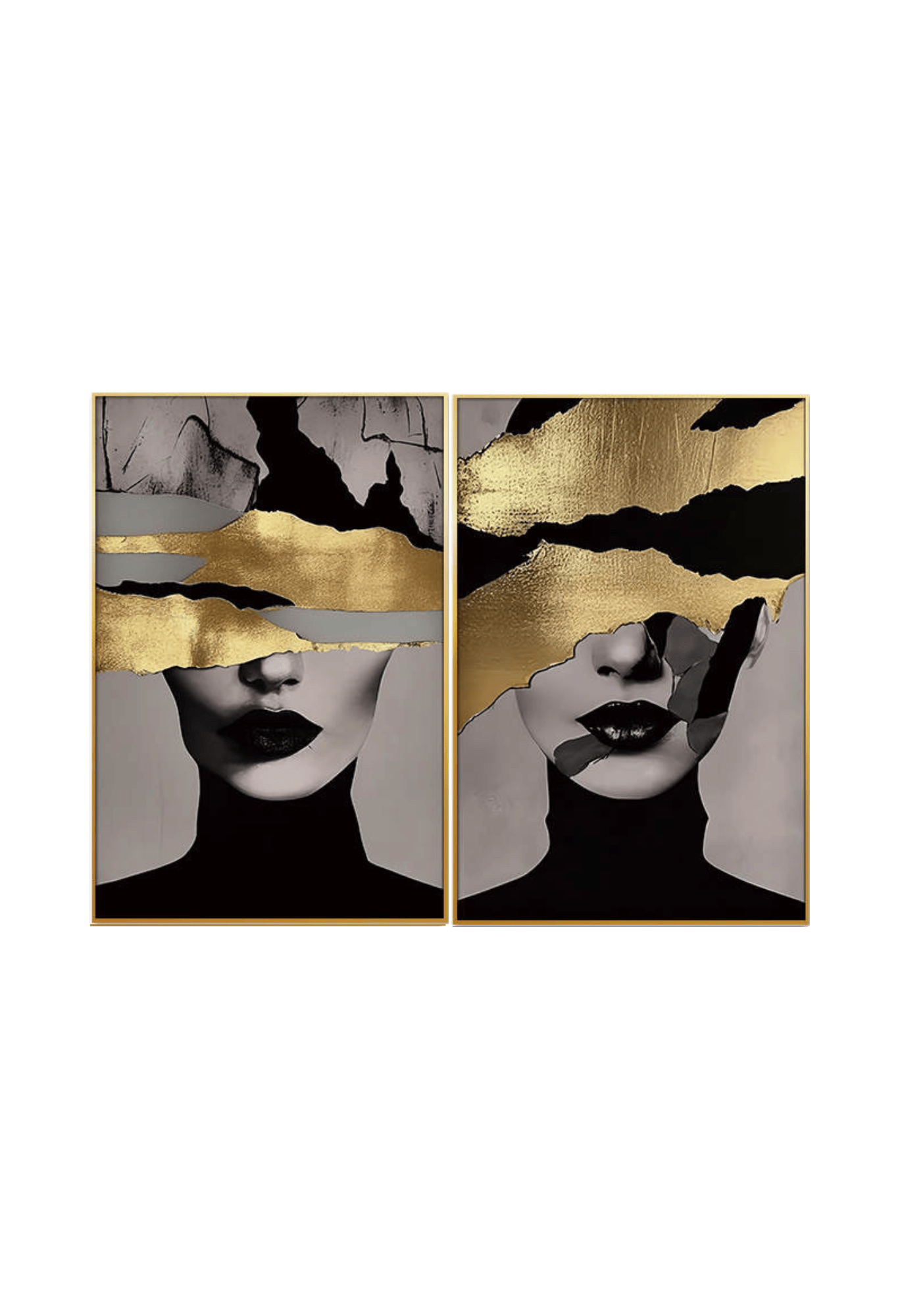 Two 60x90 cm black gold and grey female portrait canvas print wall art panels depicting minimalist woman faces covered by abstract metallic gold layers for modern living room decor.