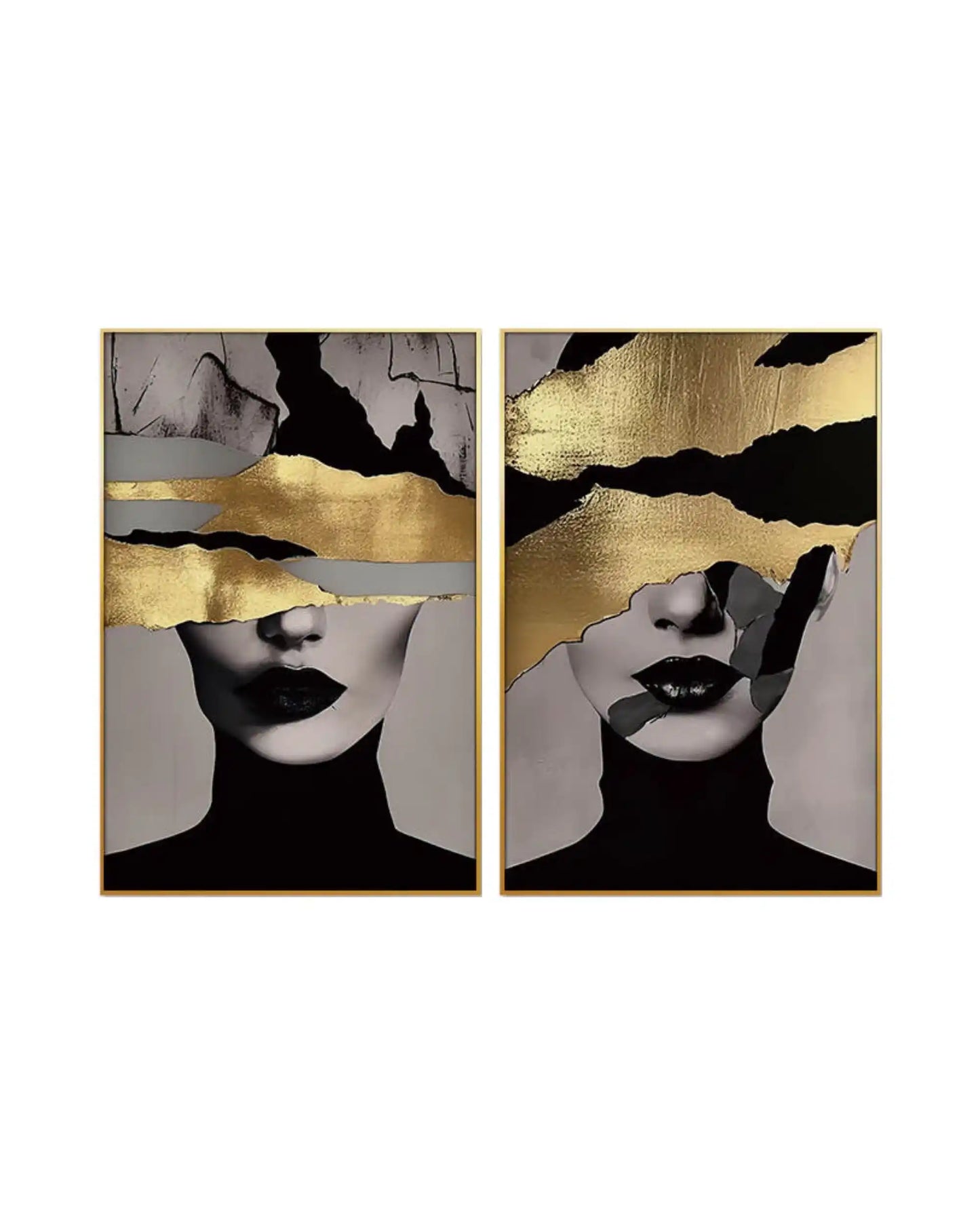 Two-piece diptych canvas prints featuring a glamorous fashion art design with monochrome portraits of women's faces obscured by bold horizontal bands of gold-colored textures, black abstract shapes, and soft grey tones.