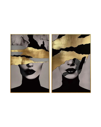 Two-piece diptych canvas prints featuring a glamorous fashion art design with monochrome portraits of women's faces obscured by bold horizontal bands of gold-colored textures, black abstract shapes, and soft grey tones.