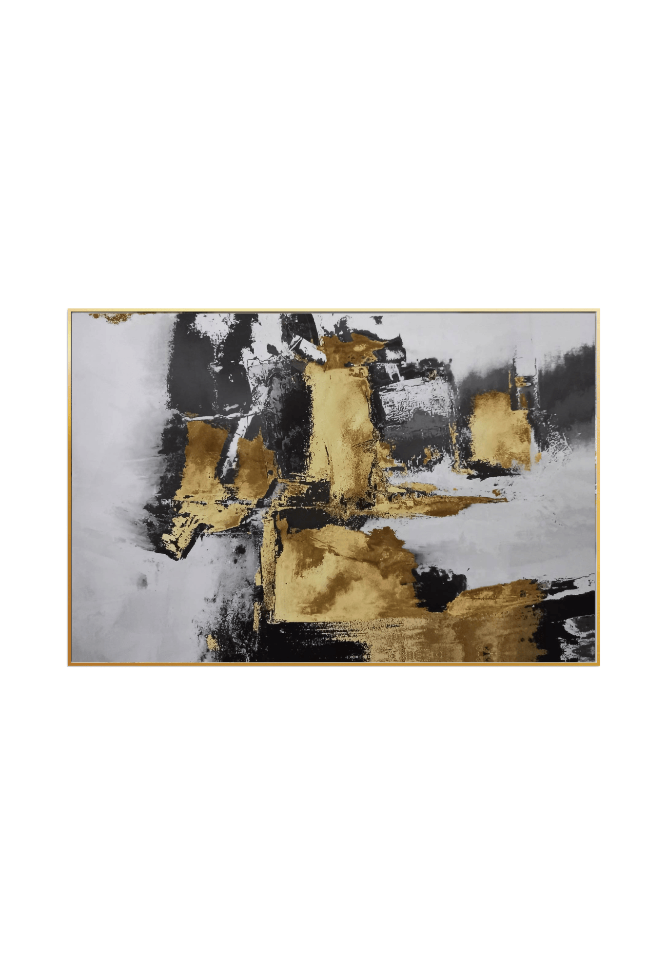 An 80x120 cm black gold and white abstract canvas print wall art panel depicting minimalist large black paint blocks, white background textures, and flat yellow gold geometric segments for modern living room decor.