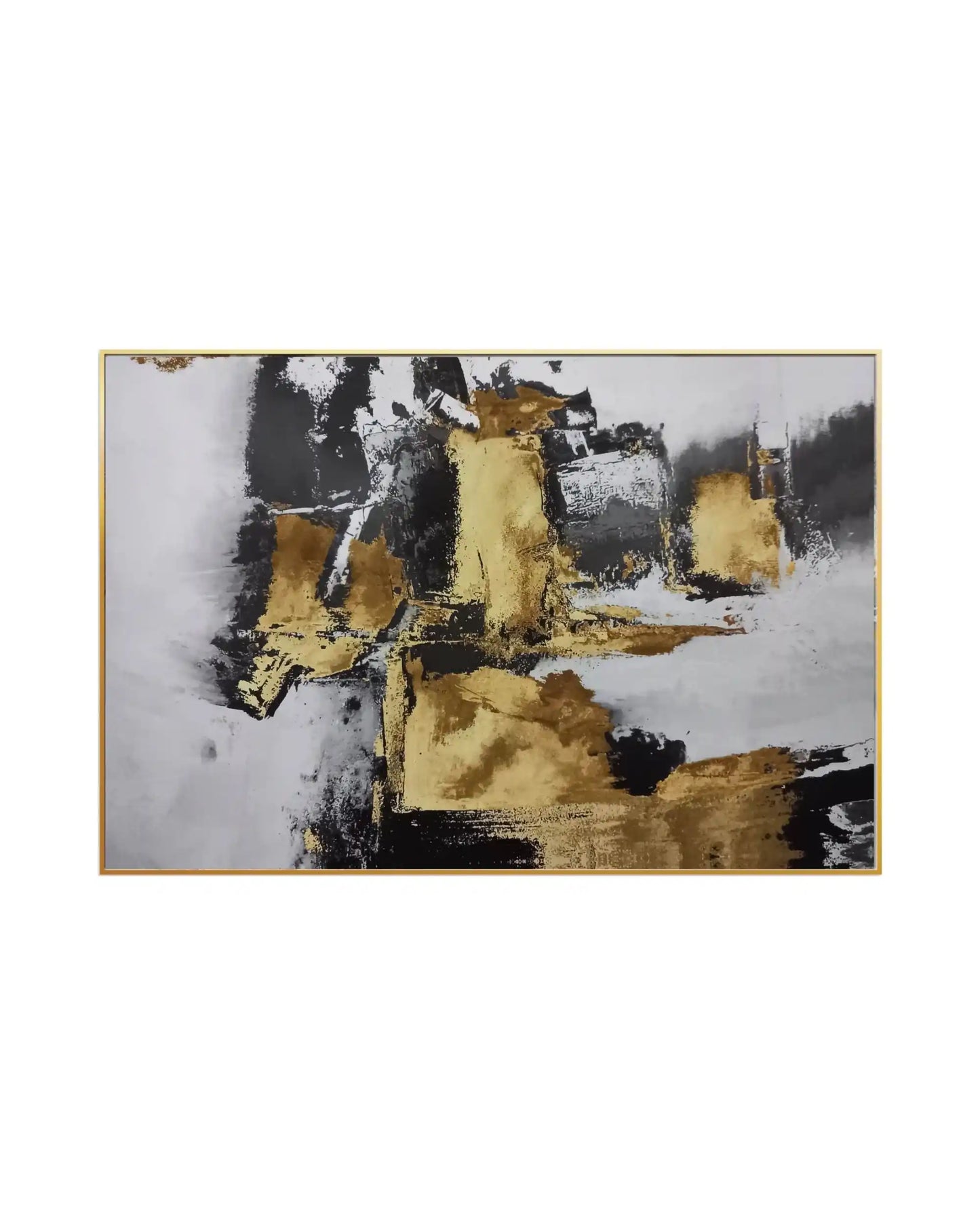 Abstract canvas print featuring bold black and dark grey block brushstrokes layered with prominent patches of gold-colored textures over a white and soft grey background, suitable for vertical or horizontal hanging.