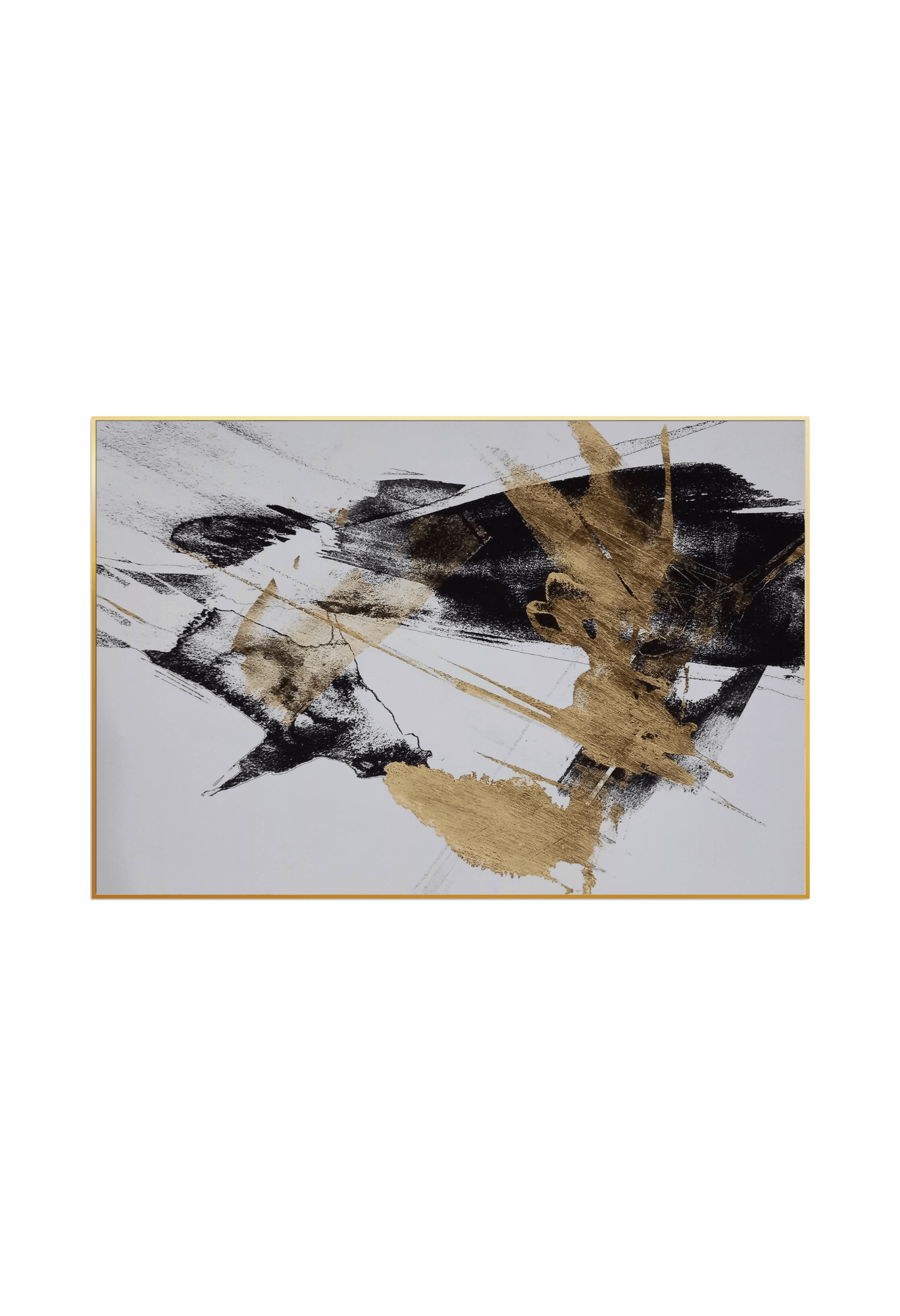 An 80x120 cm black gold and white abstract canvas print wall art panel depicting minimalist sweeping black brushstrokes and dynamic flat yellow gold paint splatters for modern living room decor.