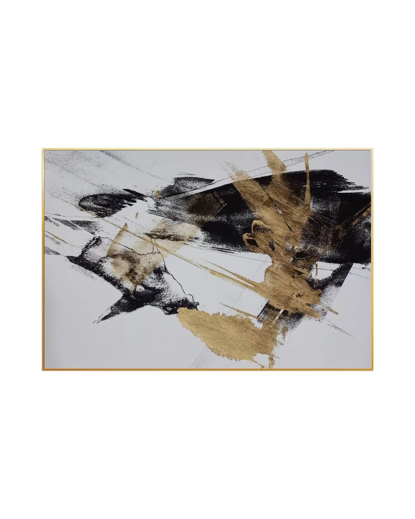 Horizontal canvas print featuring an abstract design with bold black textured brushstrokes and energetic, gold-colored splatters over a clean white background.