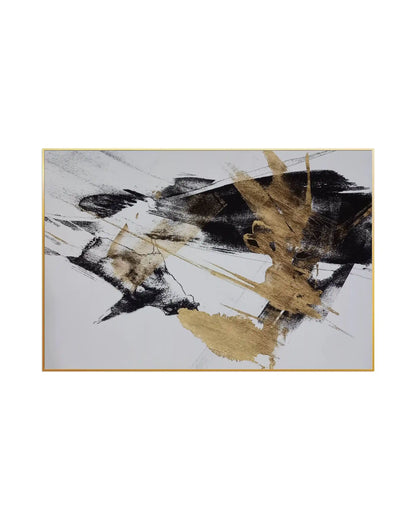 Horizontal canvas print featuring an abstract design with bold black textured brushstrokes and energetic, gold-colored splatters over a clean white background.