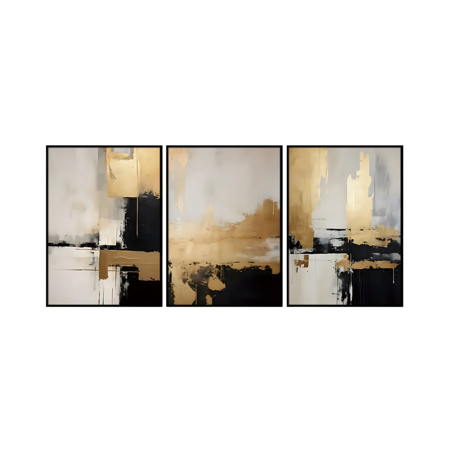 Three 50x70 cm black gold and white abstract canvas print wall art panels depicting minimalist layered color blocks and geometric metallic gold shapes for modern living room decor.
