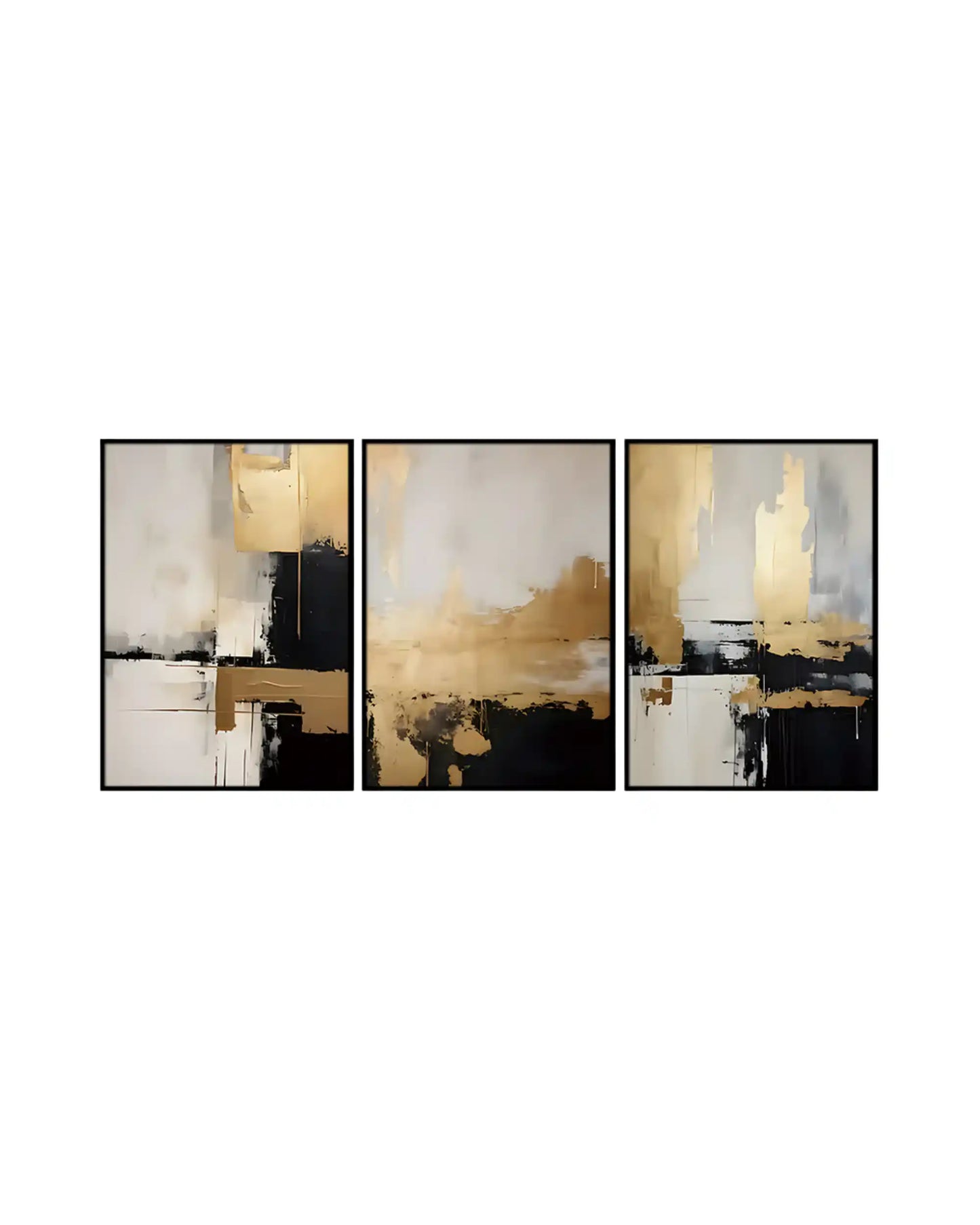 Three abstract art pieces in black, gold, and white frames on a white background