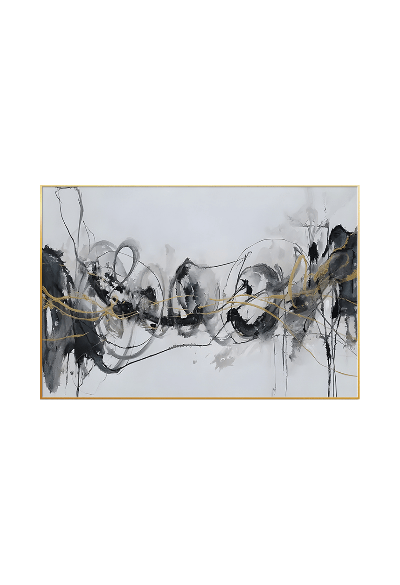 An 80x120 cm black gold and white abstract canvas print wall art panel depicting minimalist continuous black ink loops, loose line splatters, and flat yellow gold paths for modern living room decor.