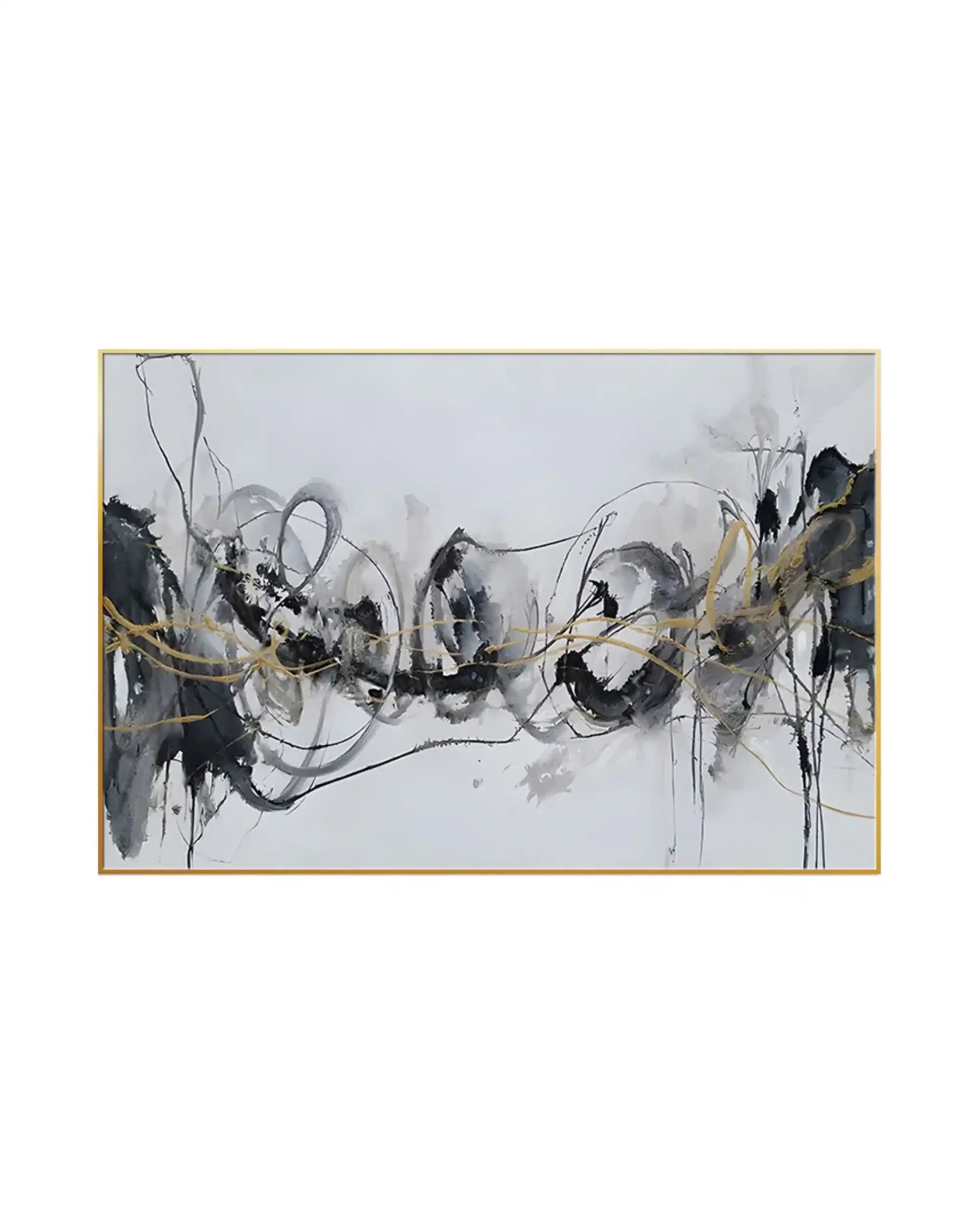Abstract canvas print featuring a dynamic linear design with scribbled loops of charcoal grey and black ink splatters, intersected by running gold-colored veins over a light grey background, suitable for vertical or horizontal hanging.