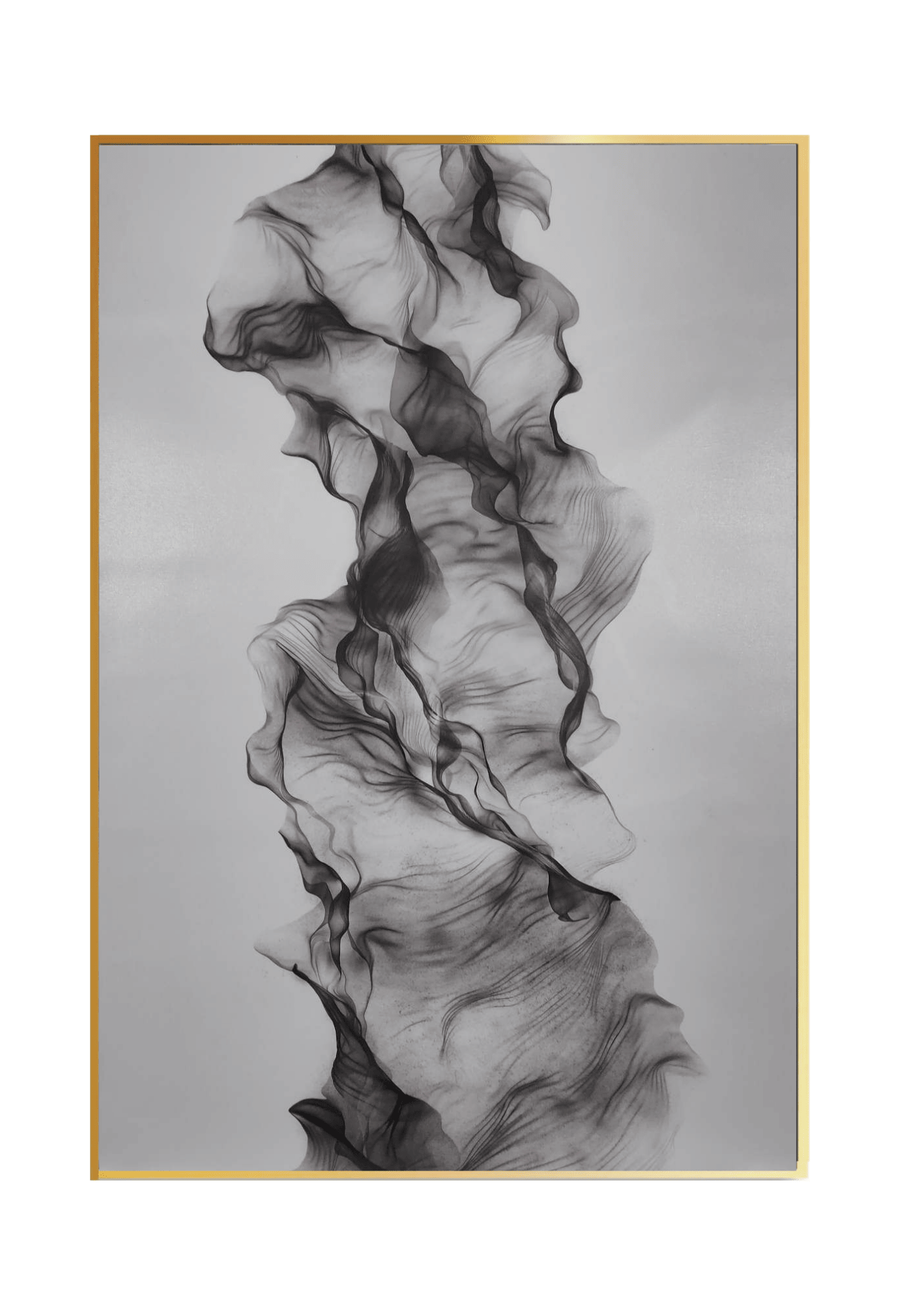 An 80x120 cm black and grey abstract canvas print wall art panel depicting a minimalist printed design of a fluid vertical column with sheer mesh layers and fine charcoal lines over a soft grey background for modern living room decor.