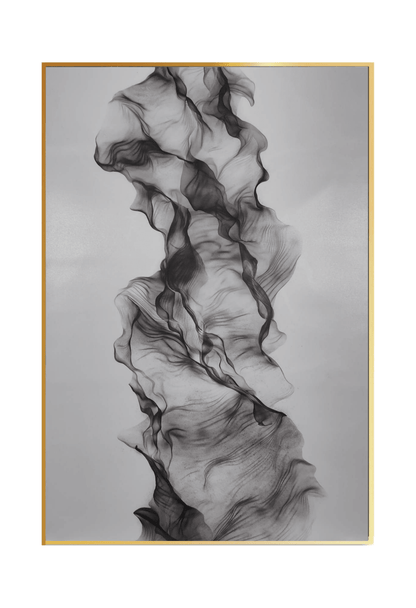 An 80x120 cm black and grey abstract canvas print wall art panel depicting a minimalist printed design of a fluid vertical column with sheer mesh layers and fine charcoal lines over a soft grey background for modern living room decor.