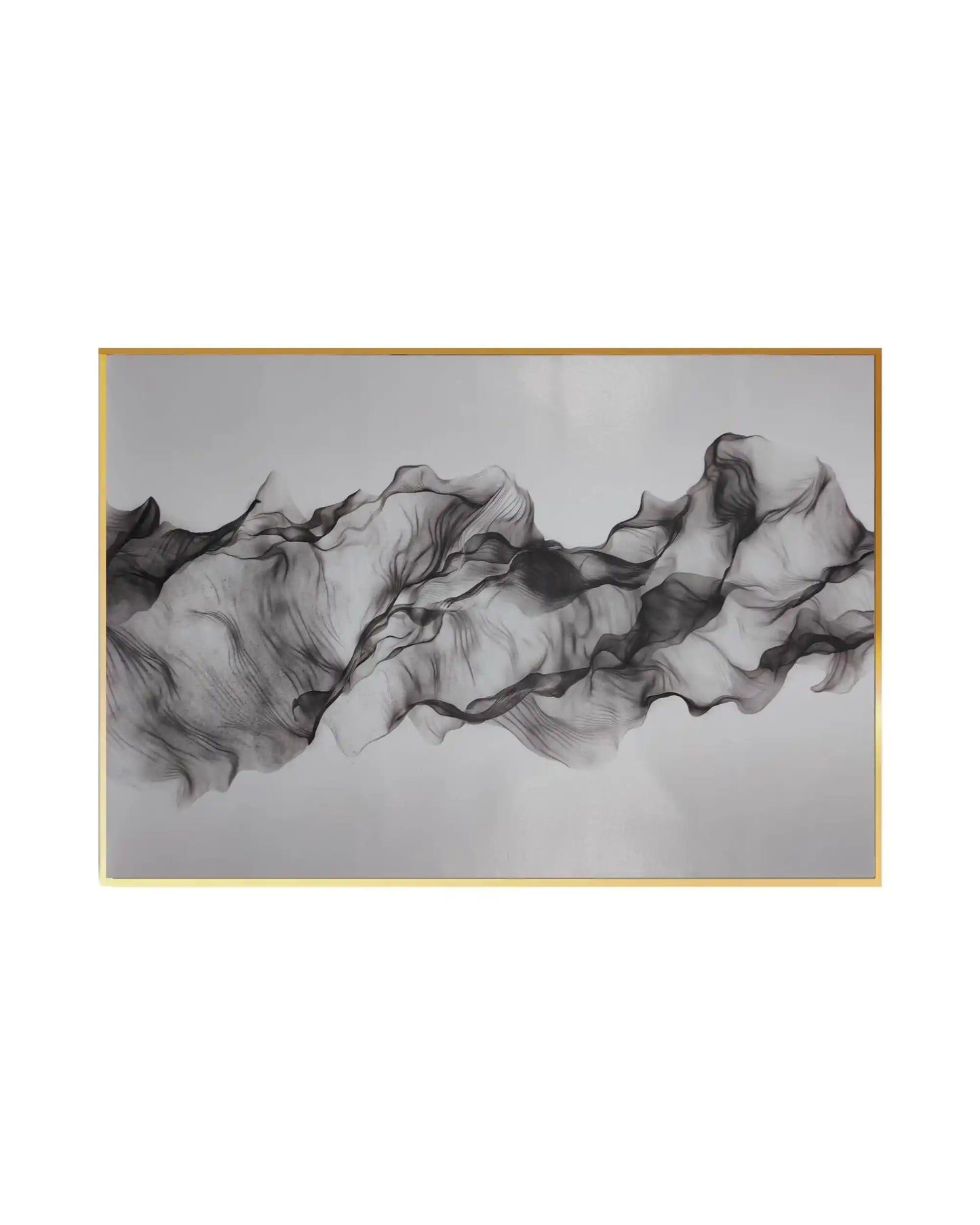 Canvas print featuring a minimalist abstract alcohol ink design with translucent, smoky black and charcoal grey ribbons undulating across a clean white background.