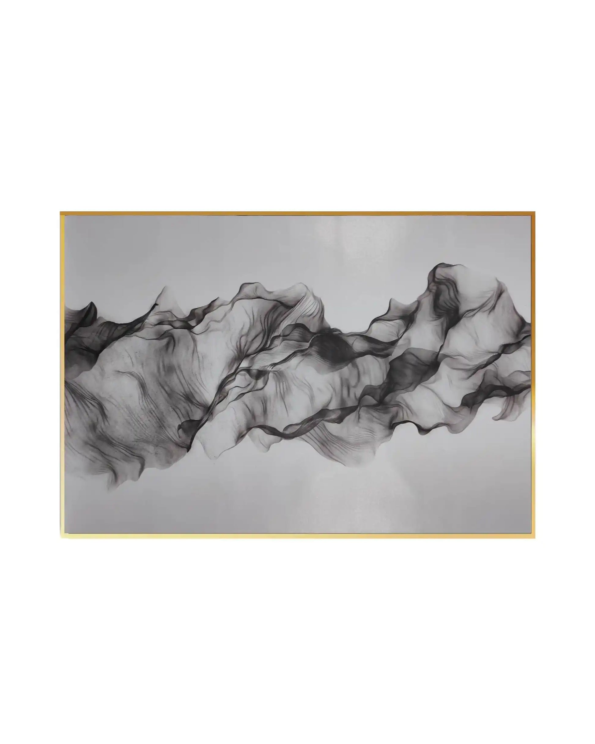 Canvas print featuring a minimalist abstract alcohol ink design with translucent, smoky black and charcoal grey ribbons undulating across a clean white background.